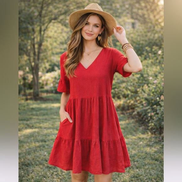 Fancyinn Dresses & Skirts - Red Tiered Mini Dress Boho V Neck Short Sleeve Pockets Summer Size M Fancyinn